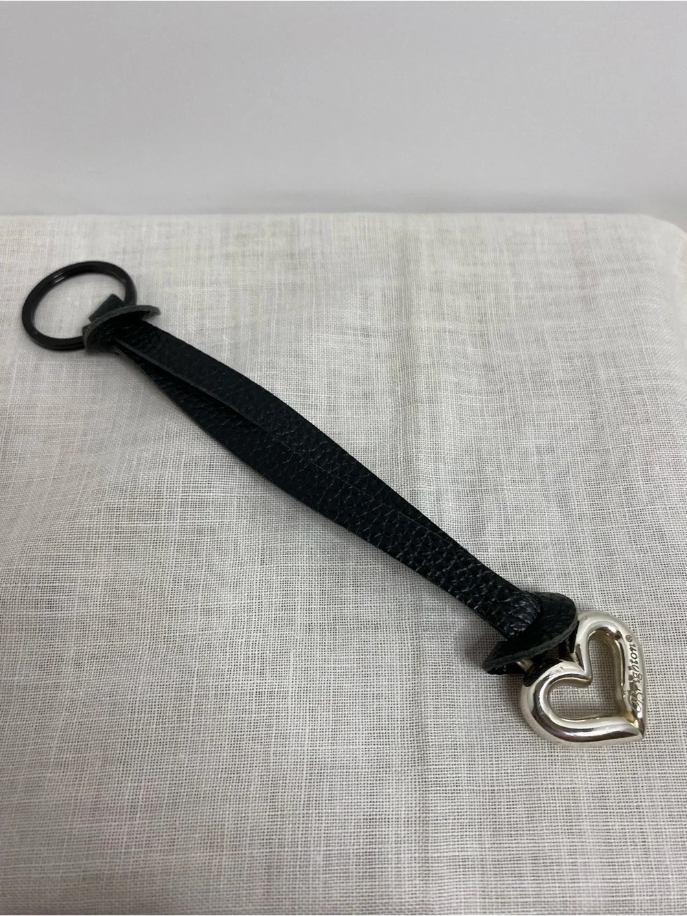 Brighton Heart Key Chain Charm Fob Black Pebbled Leather Silver Tone